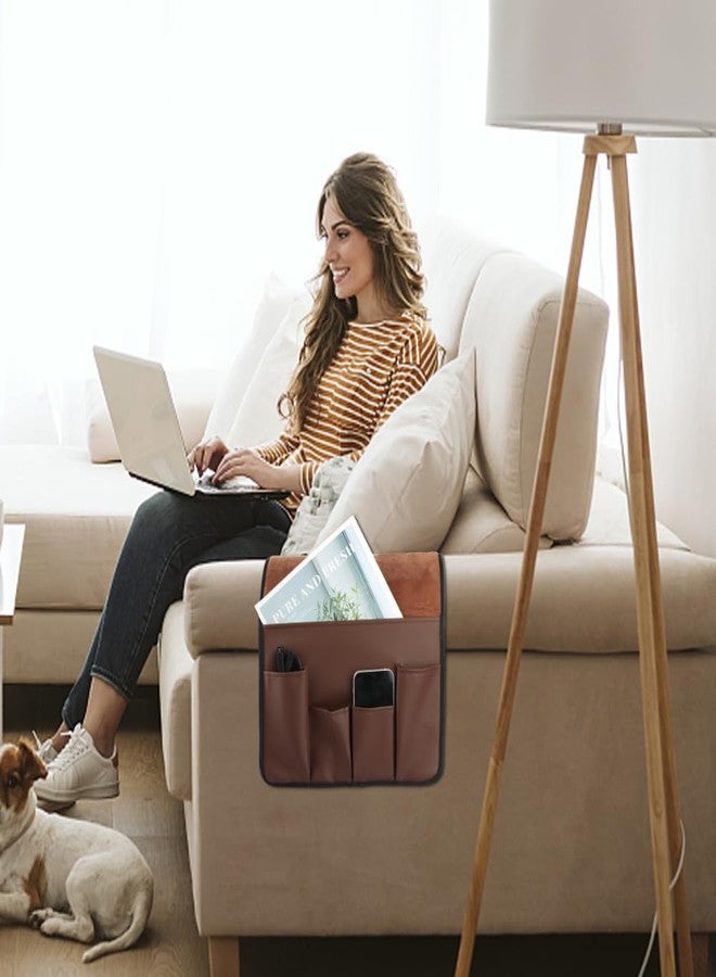ZEENEEK Anti-Slip PU Leather Velvet Sofa Couch Chair Armrest Soft Caddy Organizer Holder with 5 Pockets for Phone, Book, Magazines, TV Remote Control - Draped Over Sofa, Couch, Recliner Armrest (Brown) - Image 4